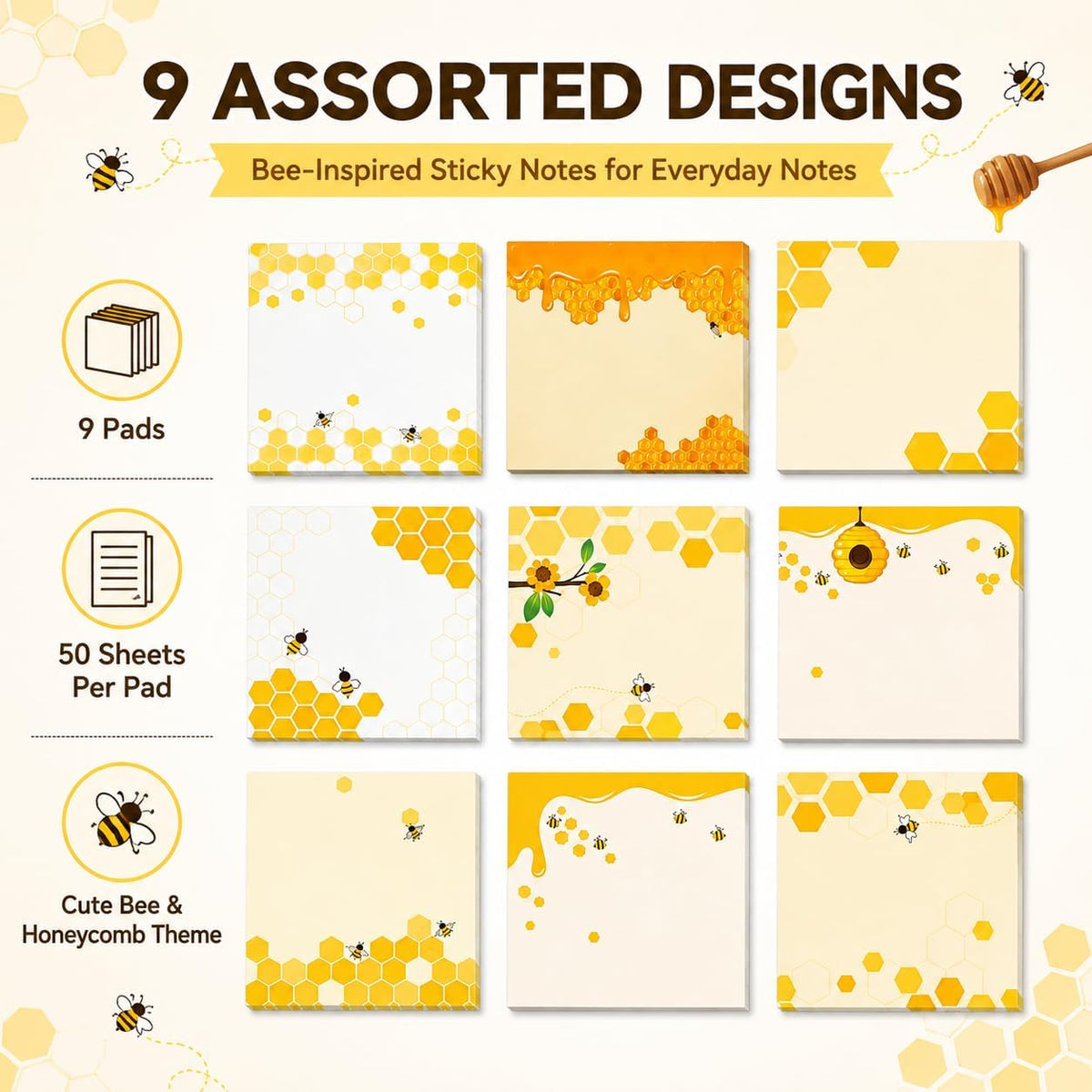 9 Pieces Bee Sticky Notes 3x3 Inch Cute Bee Note Pads Adesive Bee Memo Notes for School Office Home Supplies Students Teachers Gift