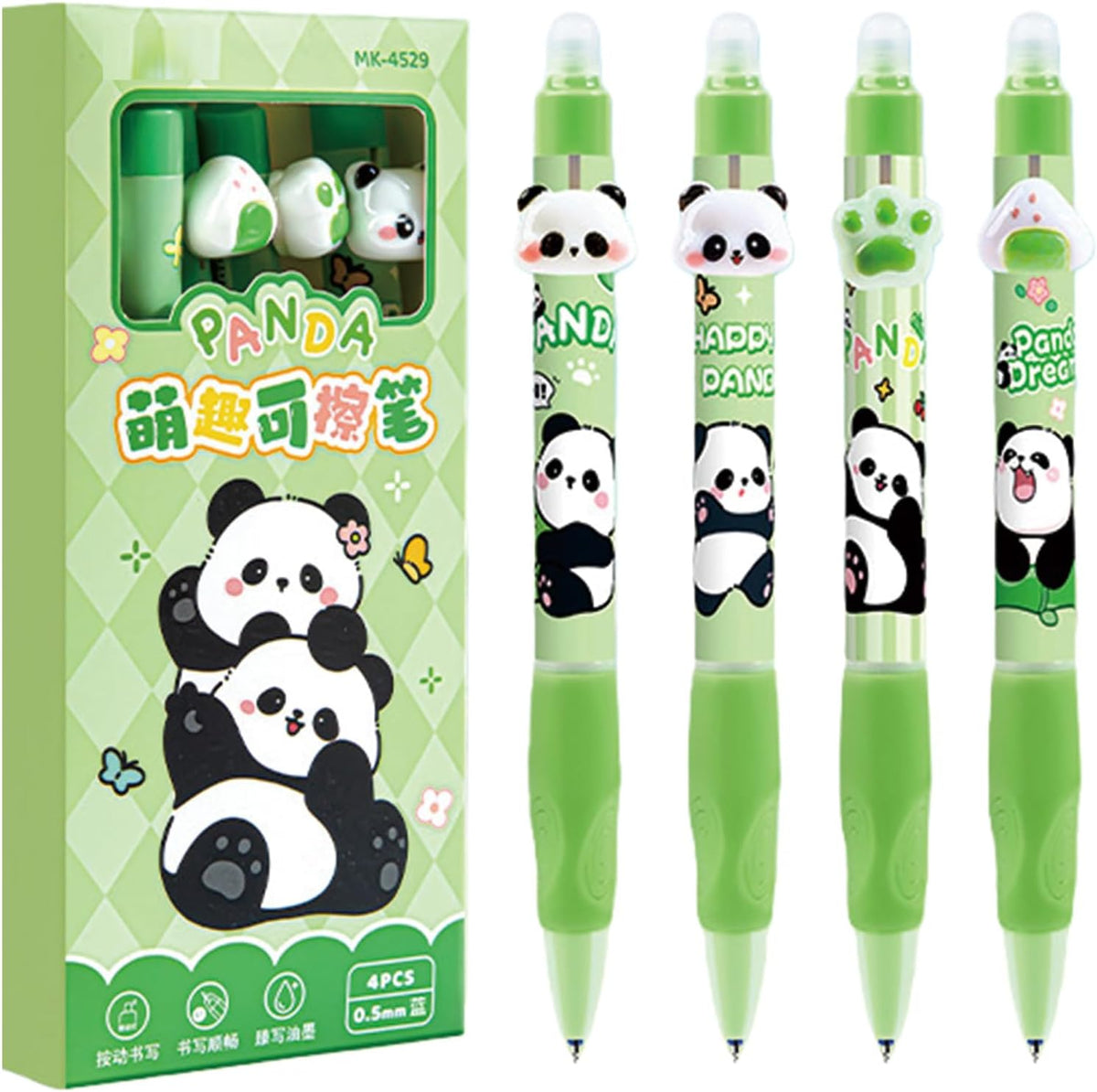 MOZXIRZ 4 Pcs Cute Erasable Gel Pens Retractable Pens Cartoon Panda Pen 0.5mm Fine Point Blue Ink Smooth Writing Pen for Women Girls Boys Office School Supplies (Panda-Blue Ink)