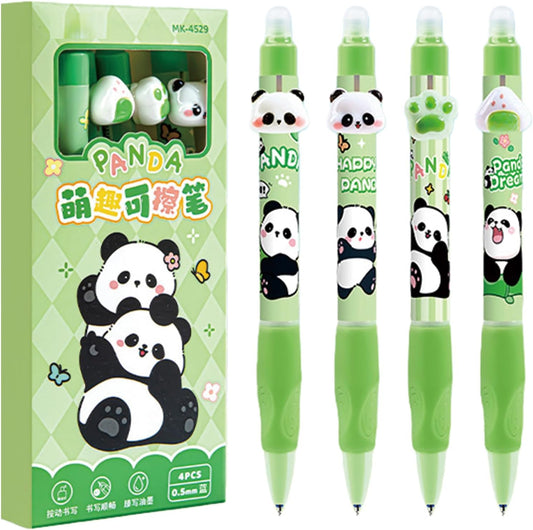 MOZXIRZ 4 Pcs Cute Erasable Gel Pens Retractable Pens Cartoon Panda Pen 0.5mm Fine Point Blue Ink Smooth Writing Pen for Women Girls Boys Office School Supplies (Panda-Blue Ink)