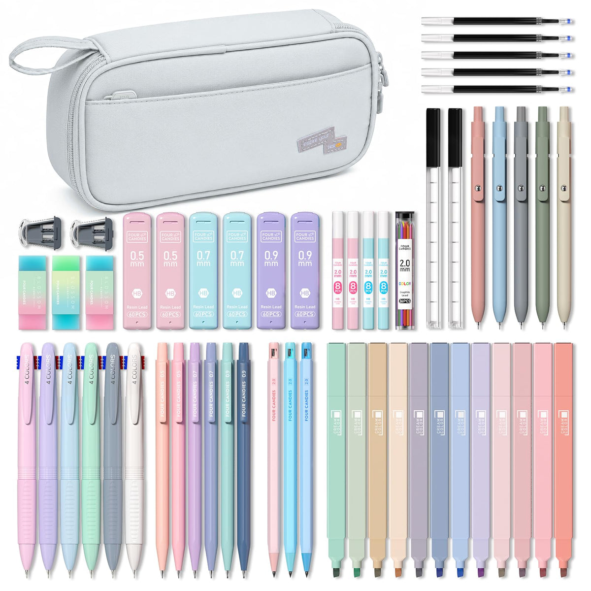 Four Candies 56PCS School Supplies with Pencil Case, Stationery Set, Pink