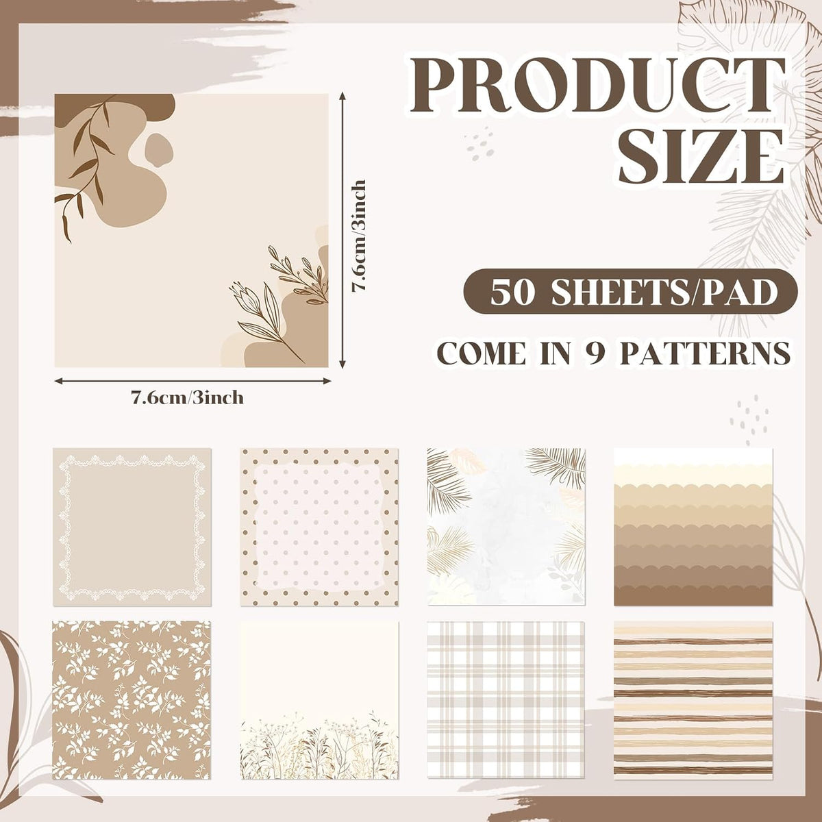 9 Pads Aesthetic Brown Sticky Notes, 3 x 3 Inch Pastel Notepads