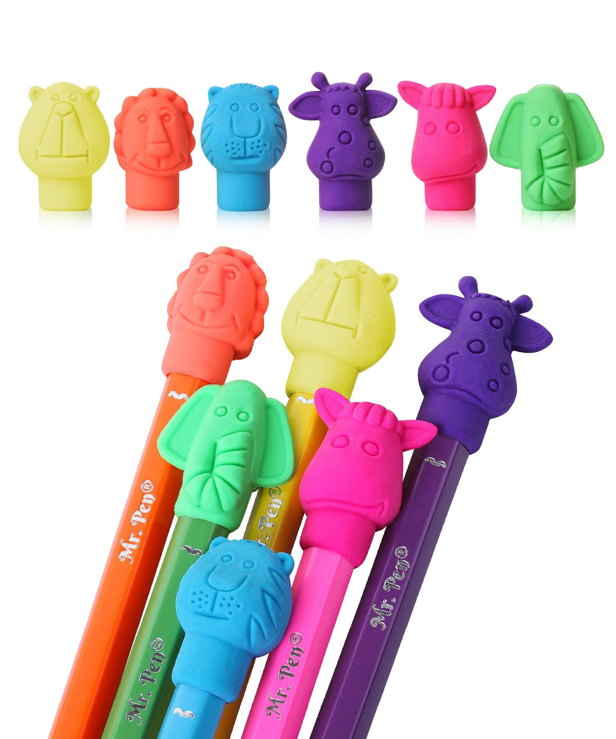 Mr. Pen- Animal Pencil Top Eraser, 60 Pack, 6 Assorted Styles