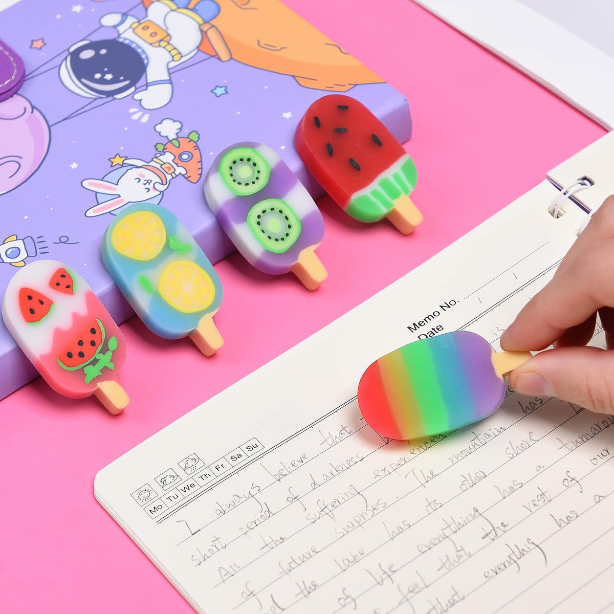 DOMG 16Pcs Ice Cream Erasers for Kids, Cute Fruit Shaped Fun Food Eraser for Classroom Rewards Party Favors