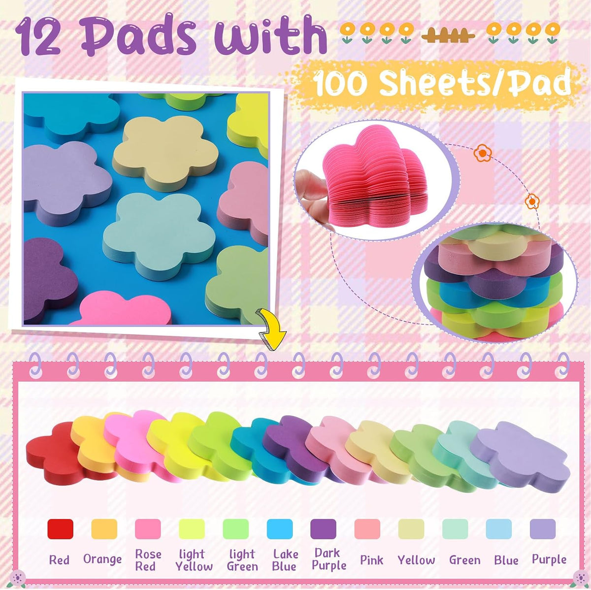 Leinuosen 12 Pack Flower Sticky Notes Bulk 3 Inch, 100 Sheets/Pad
