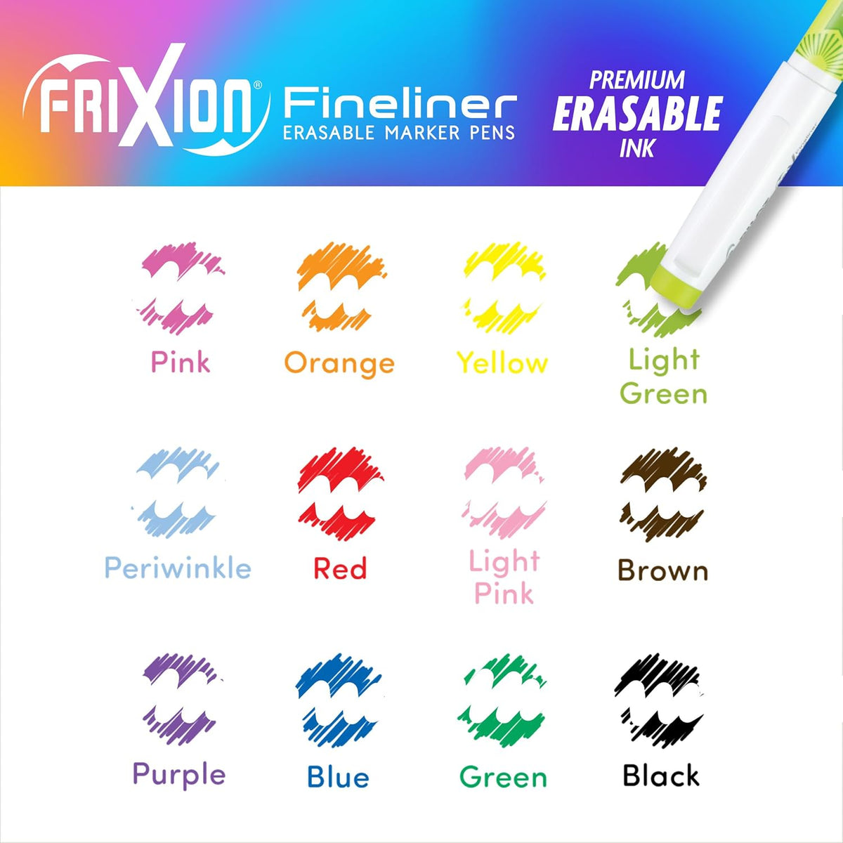 PILOT FriXion Fineliner Erasable Marker Pens, 0.7mm, Assorted, 12-Pack