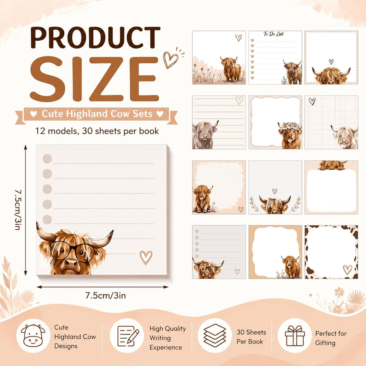 MotiMind Highland Cow Sticky Notes, 3 x 3 Inches