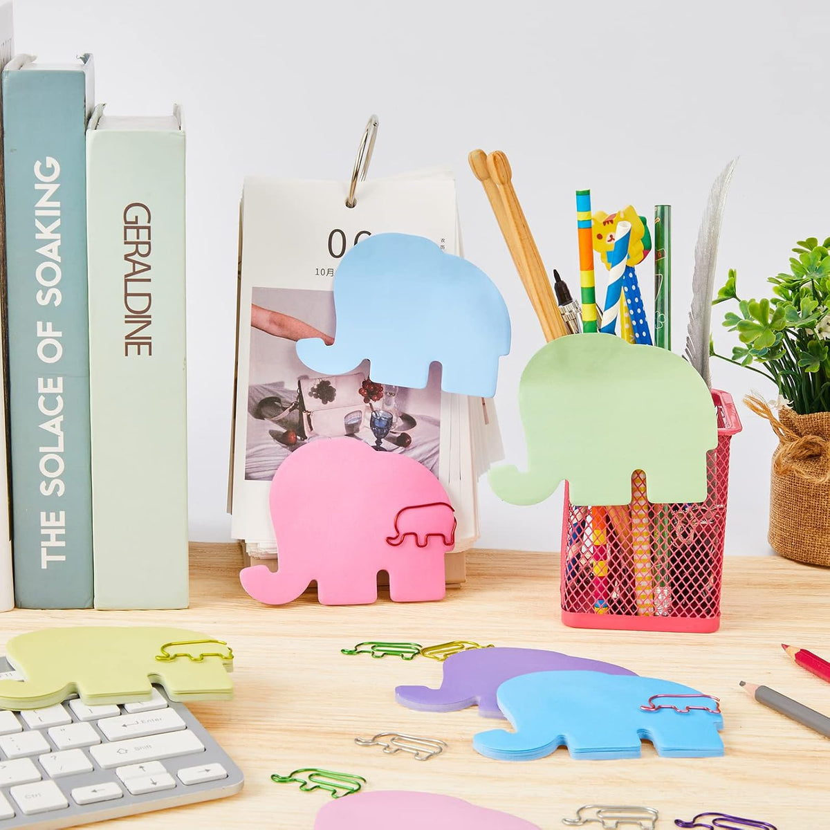 Gueevin 240 Sheets Animal Sticky Notes and 60pcs Paper Clips Set, Elephant