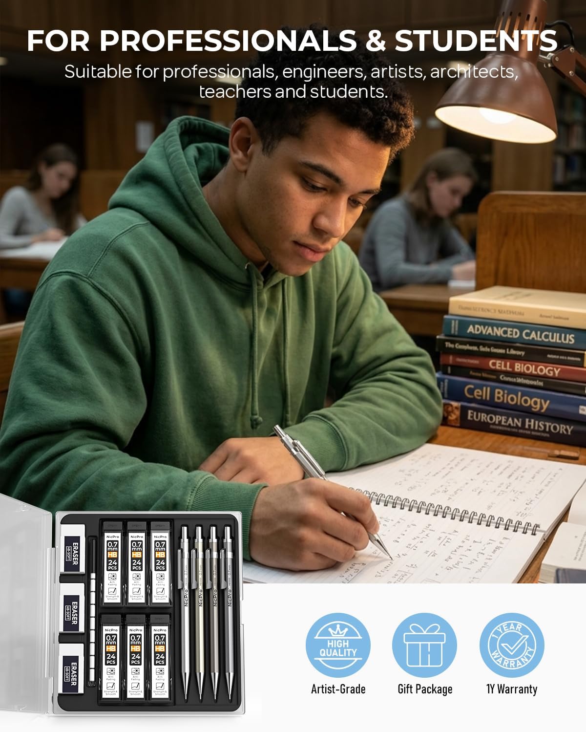 Nicpro 4 Pack Mechanical Pencil 0.7mm, MB1000 Metal Mechanical Pencil Set