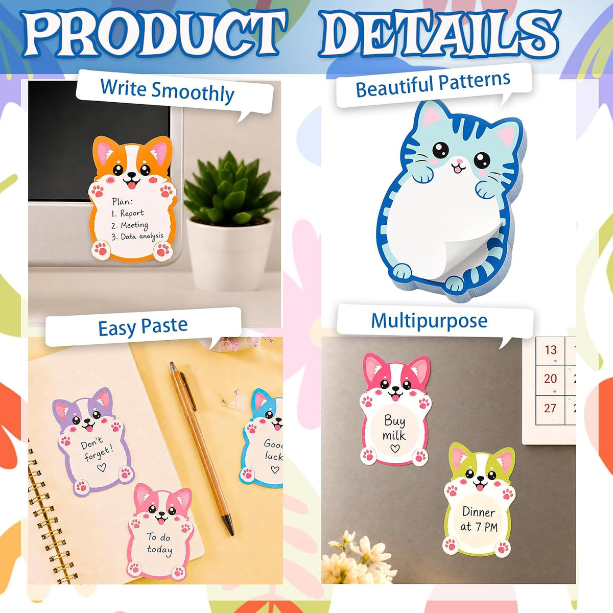 12 Pcs Cat Sticky Notes Cute Cat Shaped Note Pads Colorful Animal Self Sticky Post Notes Cute Cat Memo Sticky Tabs for School Office Home Stationery Supplies Party Favors