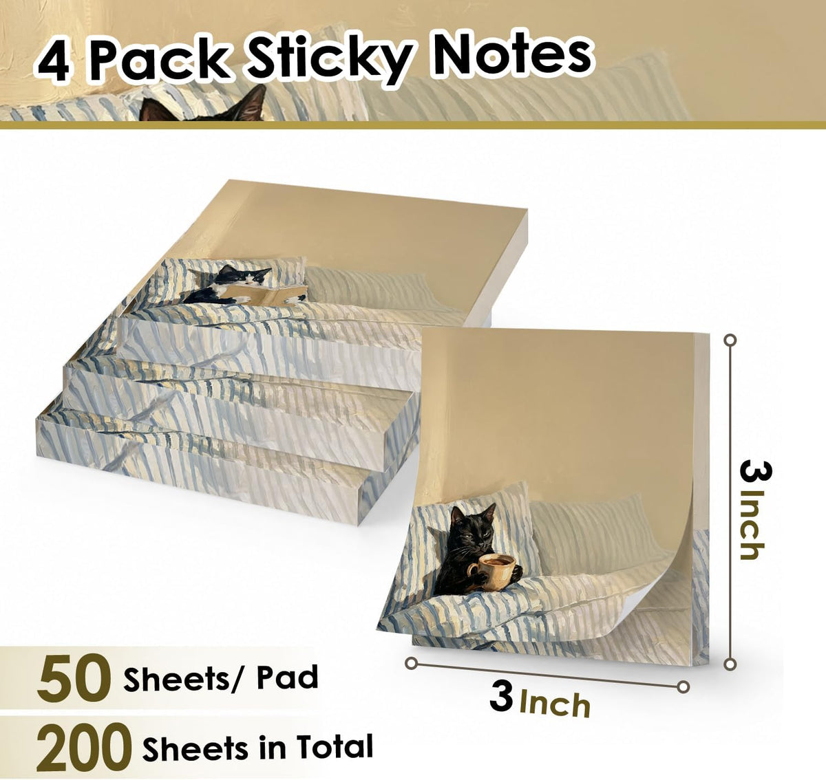 Cat Sticky Notes 3x3, Funny Cute Cat Sticky Notes 4 Pads, Cute Notepads Office Supplies Gifts for Women Men Coworkers Cat Lovers