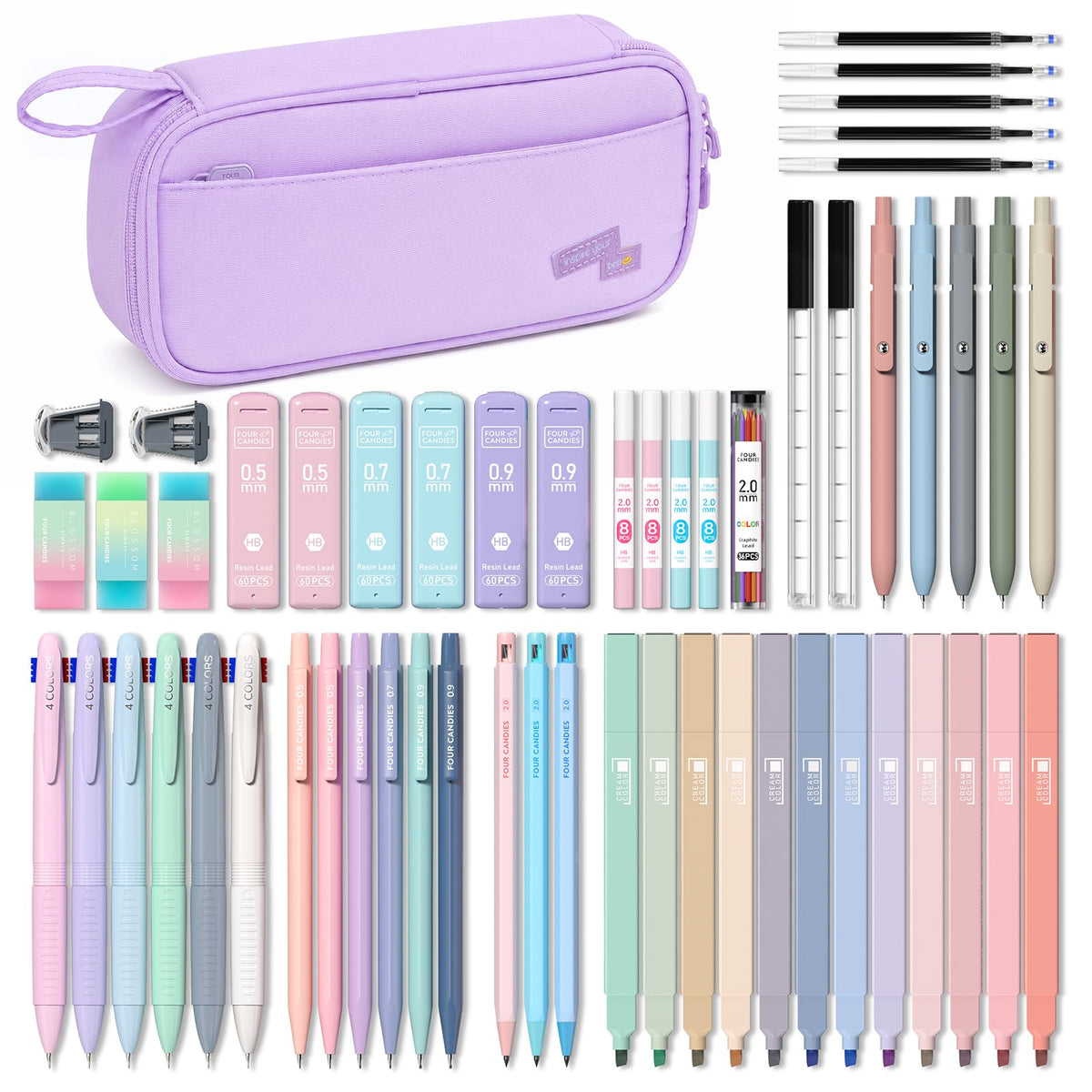 Four Candies 56PCS School Supplies with Pencil Case, Stationery Set, Pink