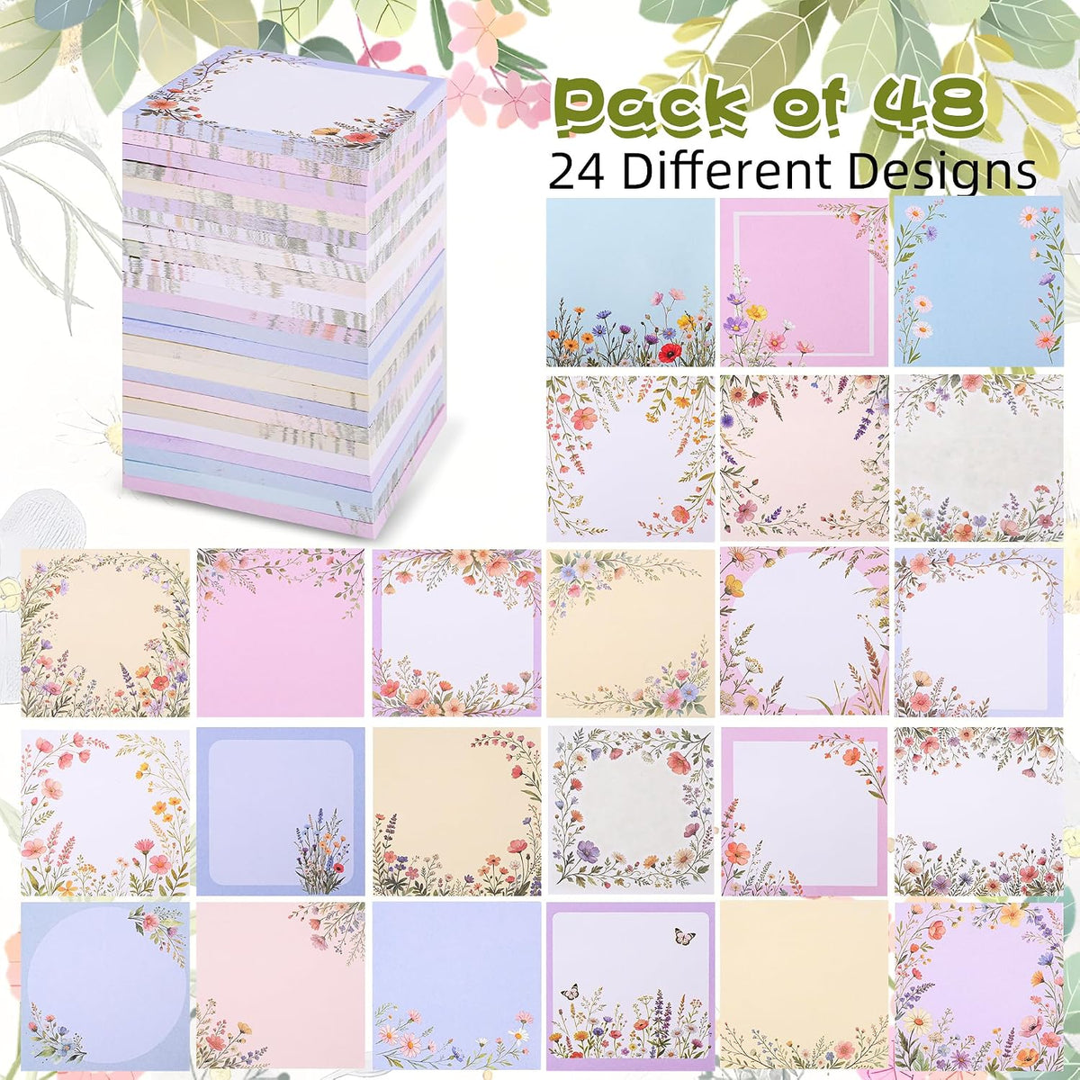 48Pcs Wildflower Notepads 3" x 3" Inches Notes Adorable Memo Pads for Journal, Planners, Office, School, Home, Stationery Gift-2400 Sheets Reusable Flower Sticky Notes.