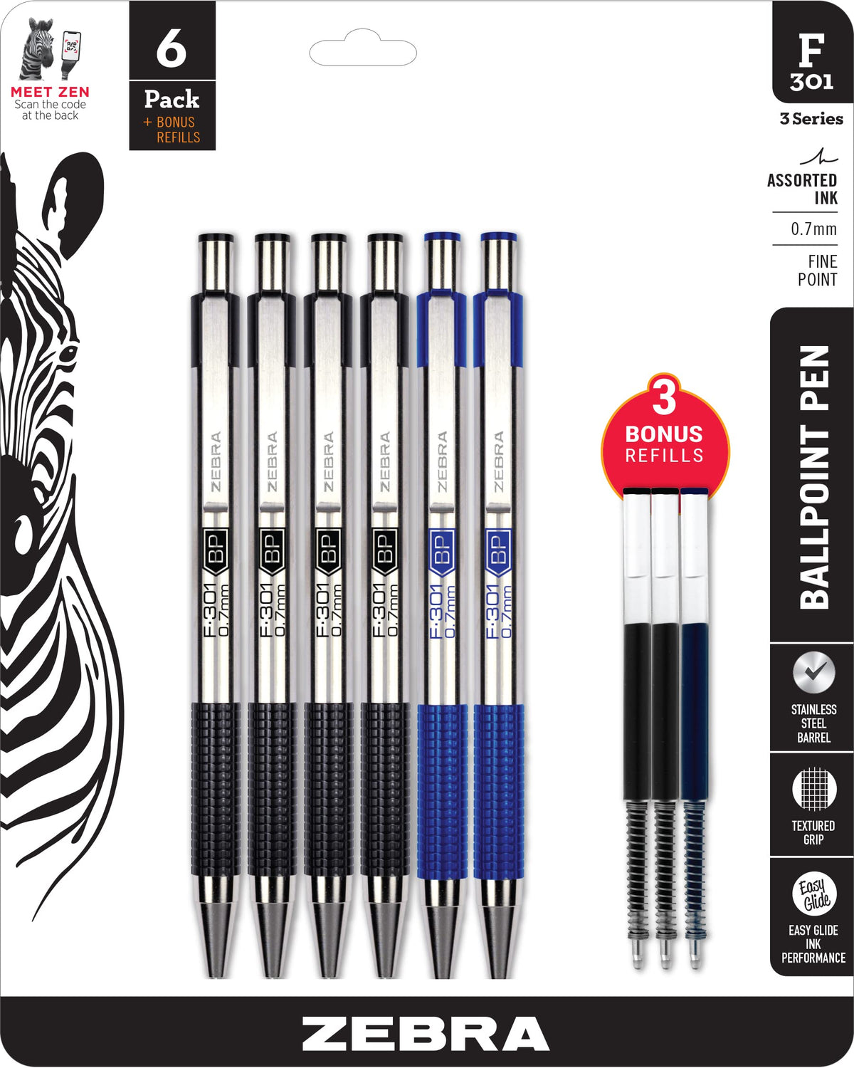 Zebra Pen STEEL F-301 Retractable Ballpoint Pen, Black Ink, 0.7mm, 4-Pack