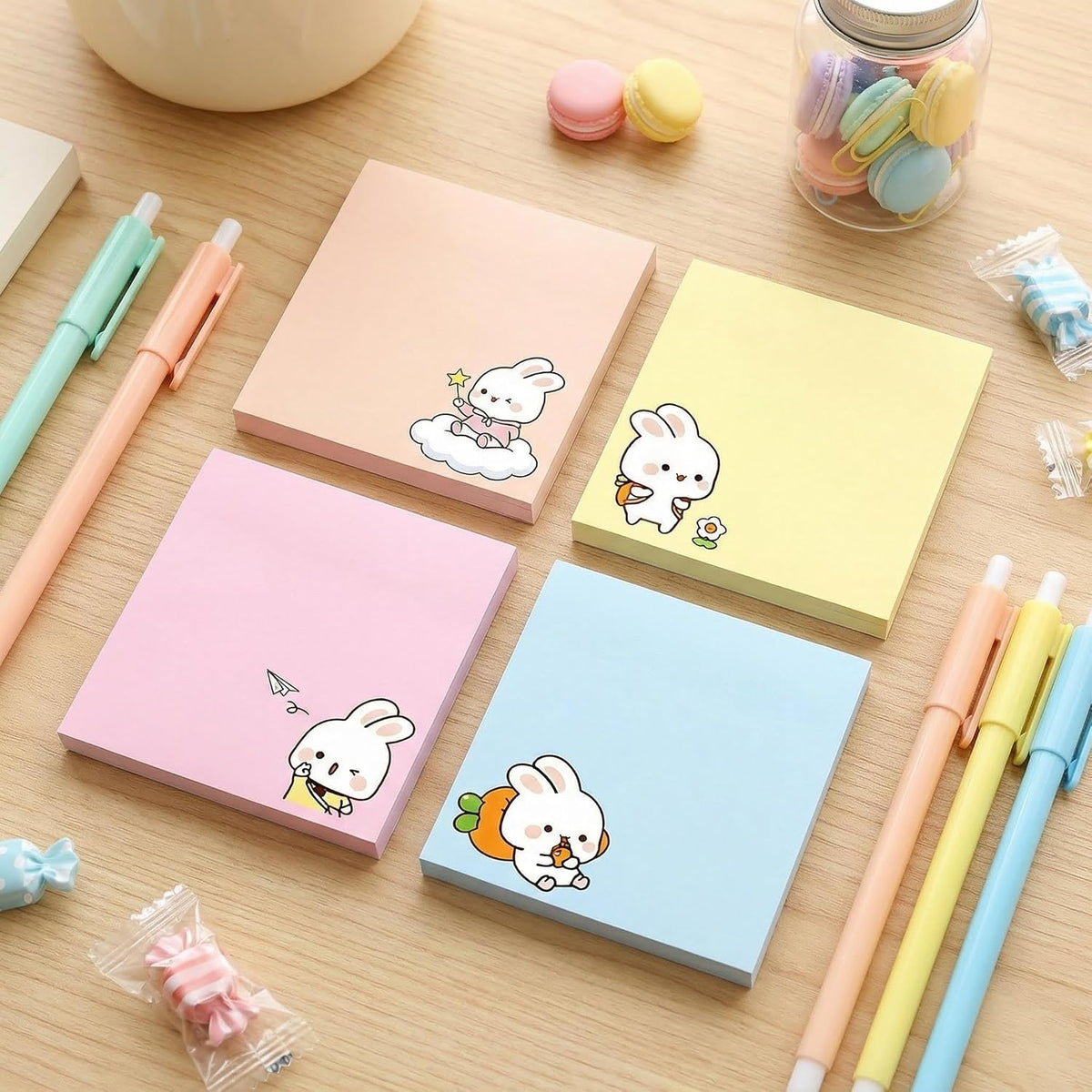 Cute Kawaii Bunny Sticky Notes 3x3 Inch 4 Pads 80 Sheets Memo Pads