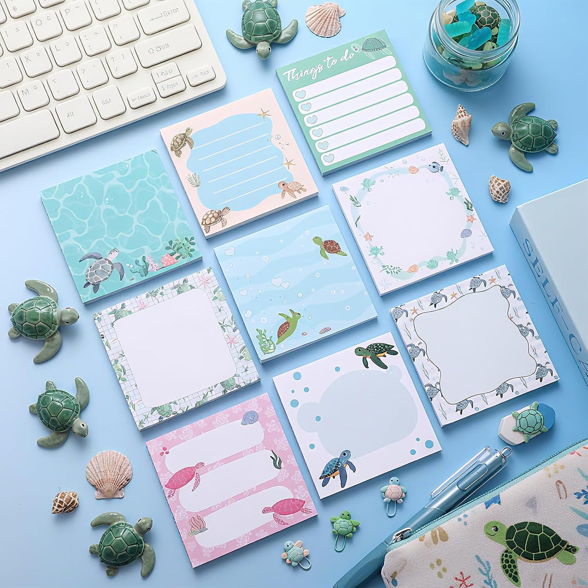 9 Pads Turtle Sticky Notes, 3x3 Inch Cute Stick Notepads