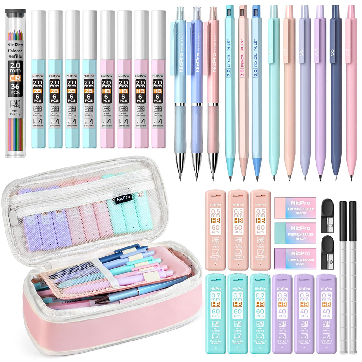 Nicpro 45PCS Mechanical Pencils with 462 Lead Refills (Pink)
