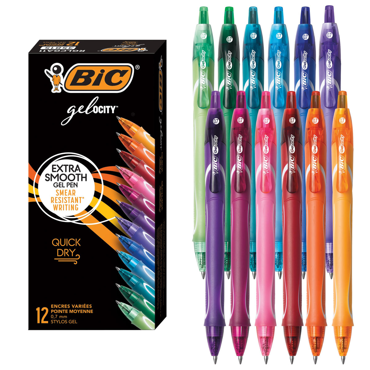BIC Gelocity Quick Dry Assorted Colors Gel Pens, 12-Count Pack, 0.7 mm