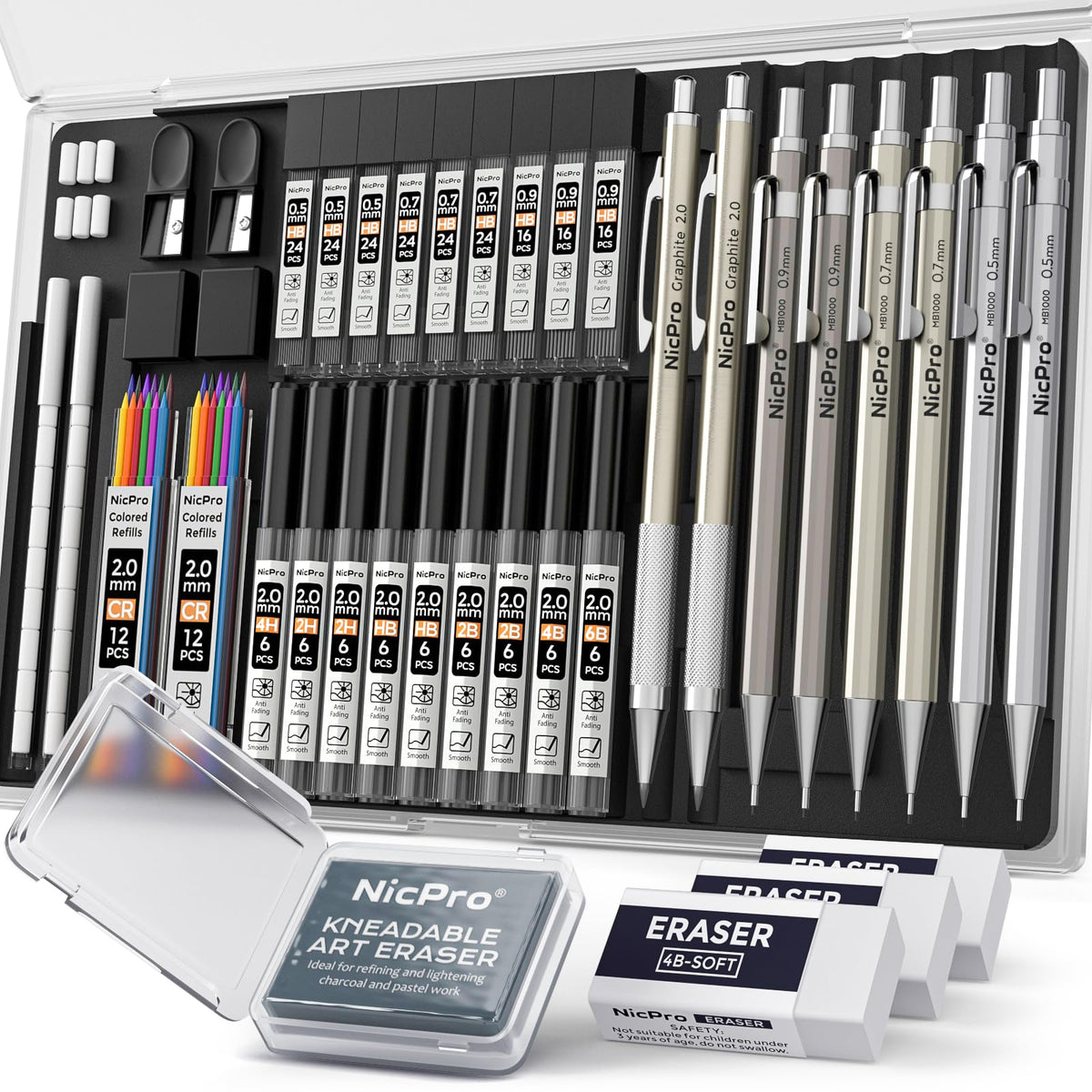 Nicpro 4 Pack Mechanical Pencil 0.7mm, MB1000 Metal Mechanical Pencil Set