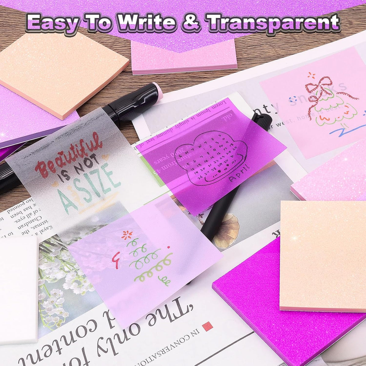Transparent Sticky Notes Glitter 3"X3" 600 Sheets PET Dreamy Violet 12 Pads