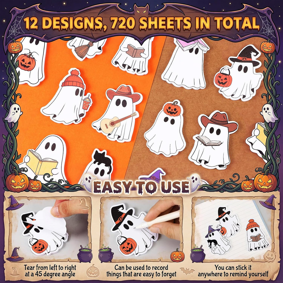 Eaasty 24 Pads Halloween Sticky Notes, 12 Ghost Designs, 720 Sheets