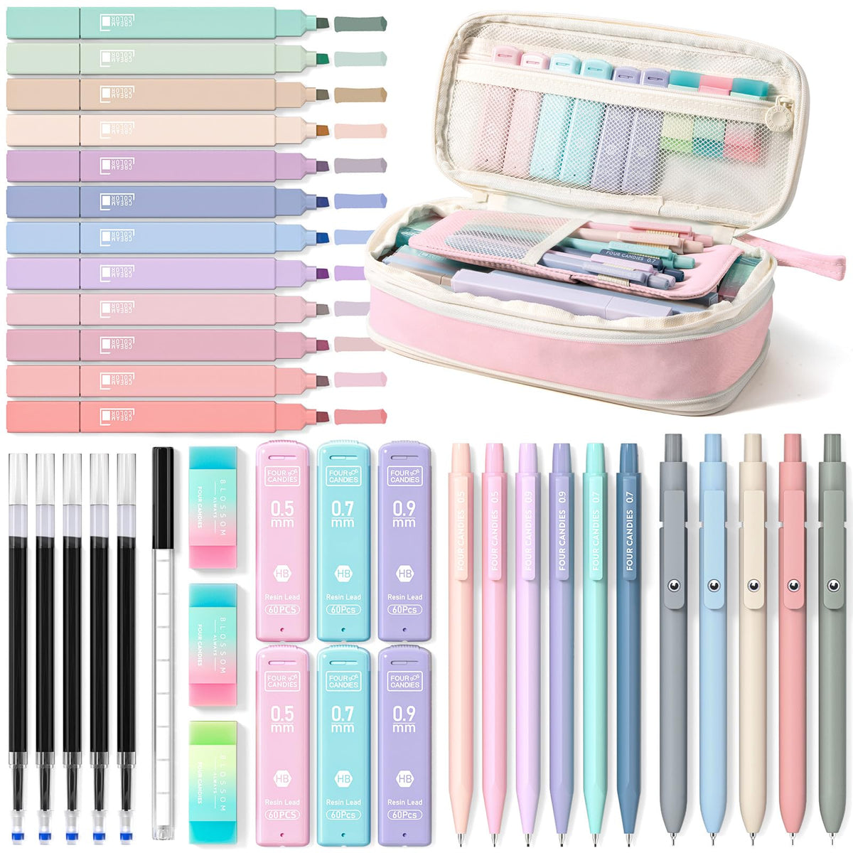 Four Candies School Supplies with Cute Pencil Case, 39ct, Blue