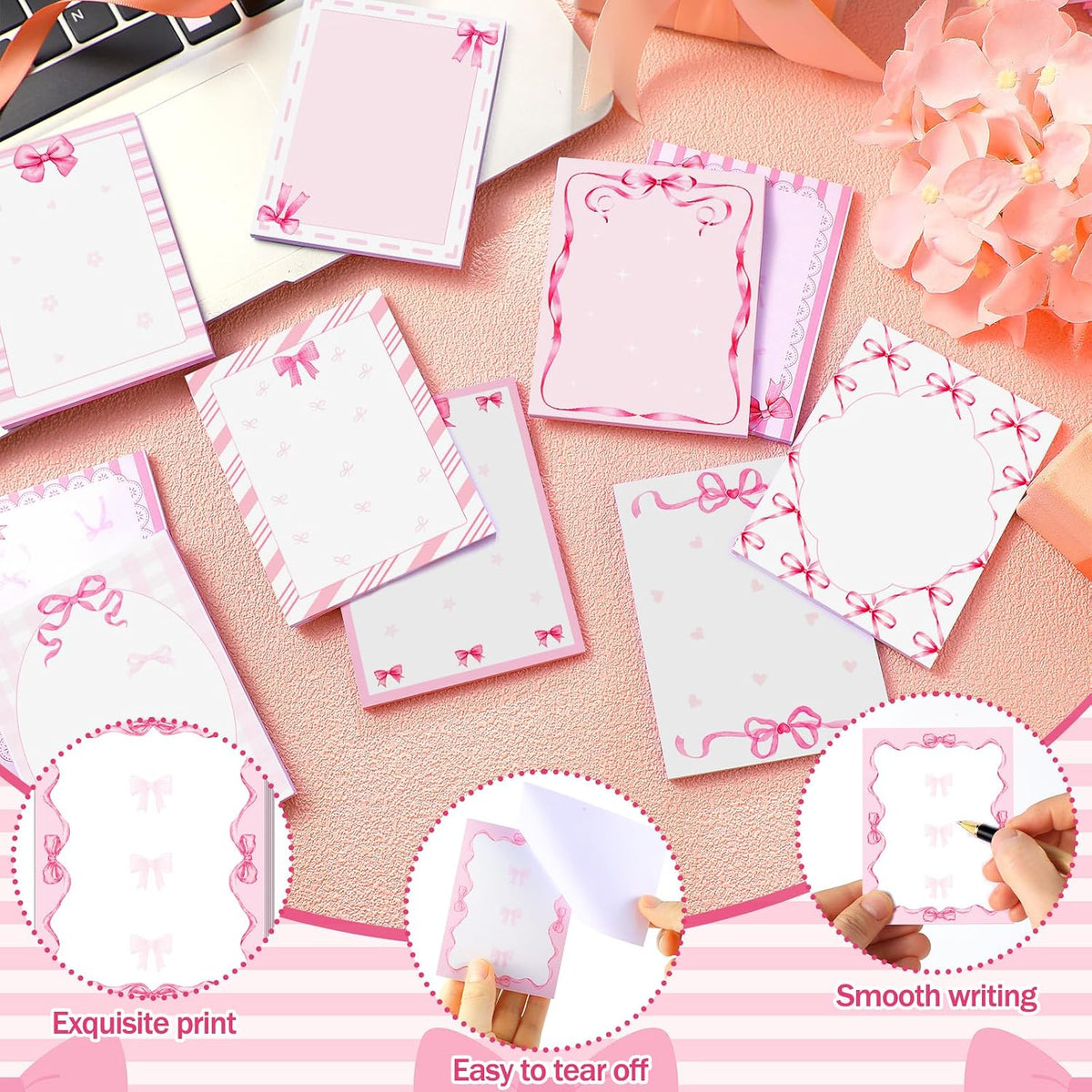 Thenshop 24 Pcs/720 Sheets Coquette Pink Bow Sticky Notes Bow Self Stick Notepad to Do List Writing Memo Pads Goodies Bags Fillers for Birthday Party Favors Rewards Gifts Home Office, 4 x 3 Inches