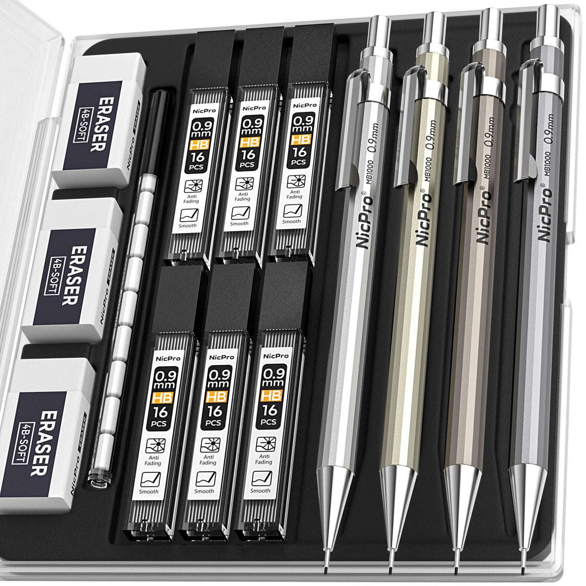 Nicpro 4 Pack Mechanical Pencil 0.7mm, MB1000 Metal Mechanical Pencil Set