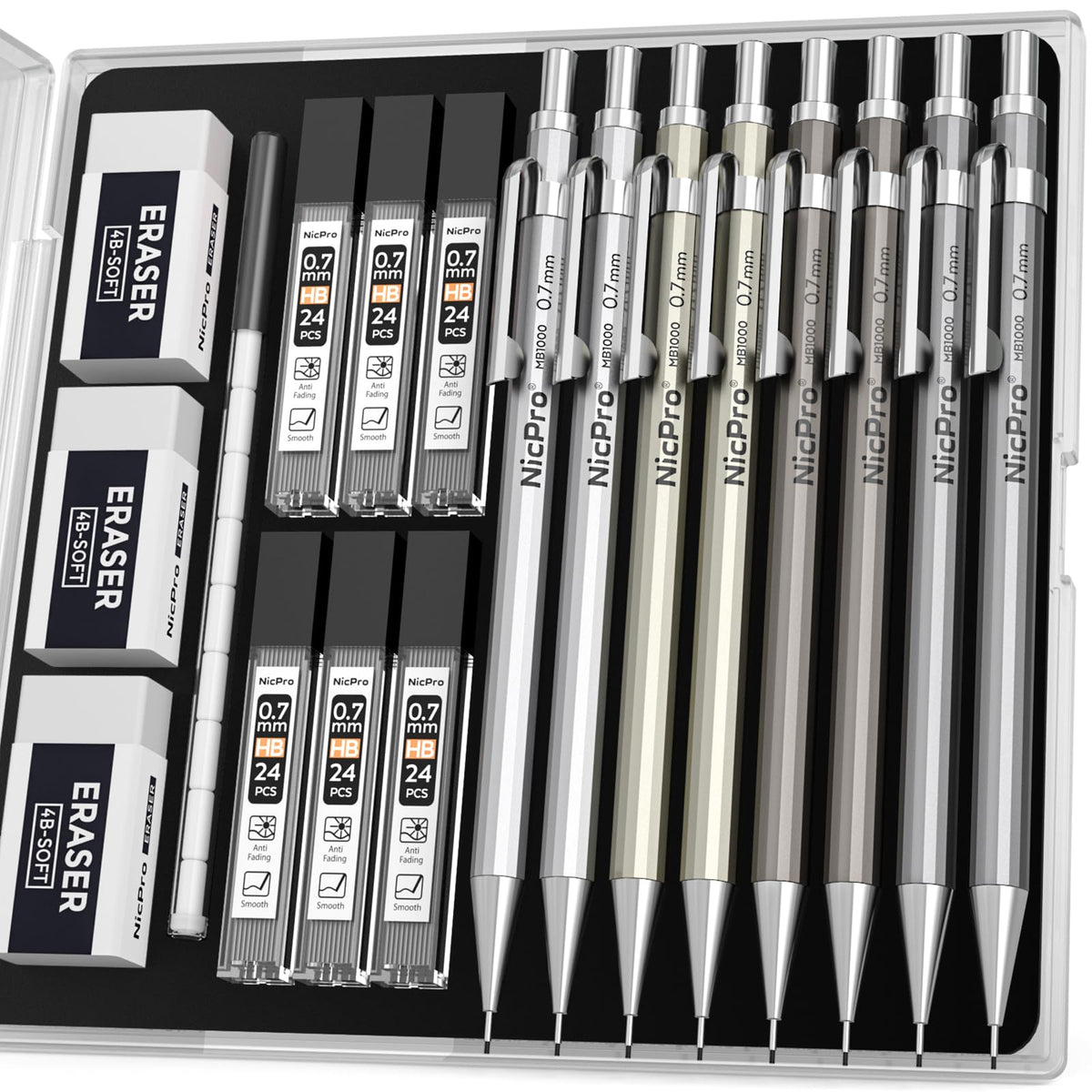 Nicpro 4 Pack Mechanical Pencil 0.7mm, MB1000 Metal Mechanical Pencil Set