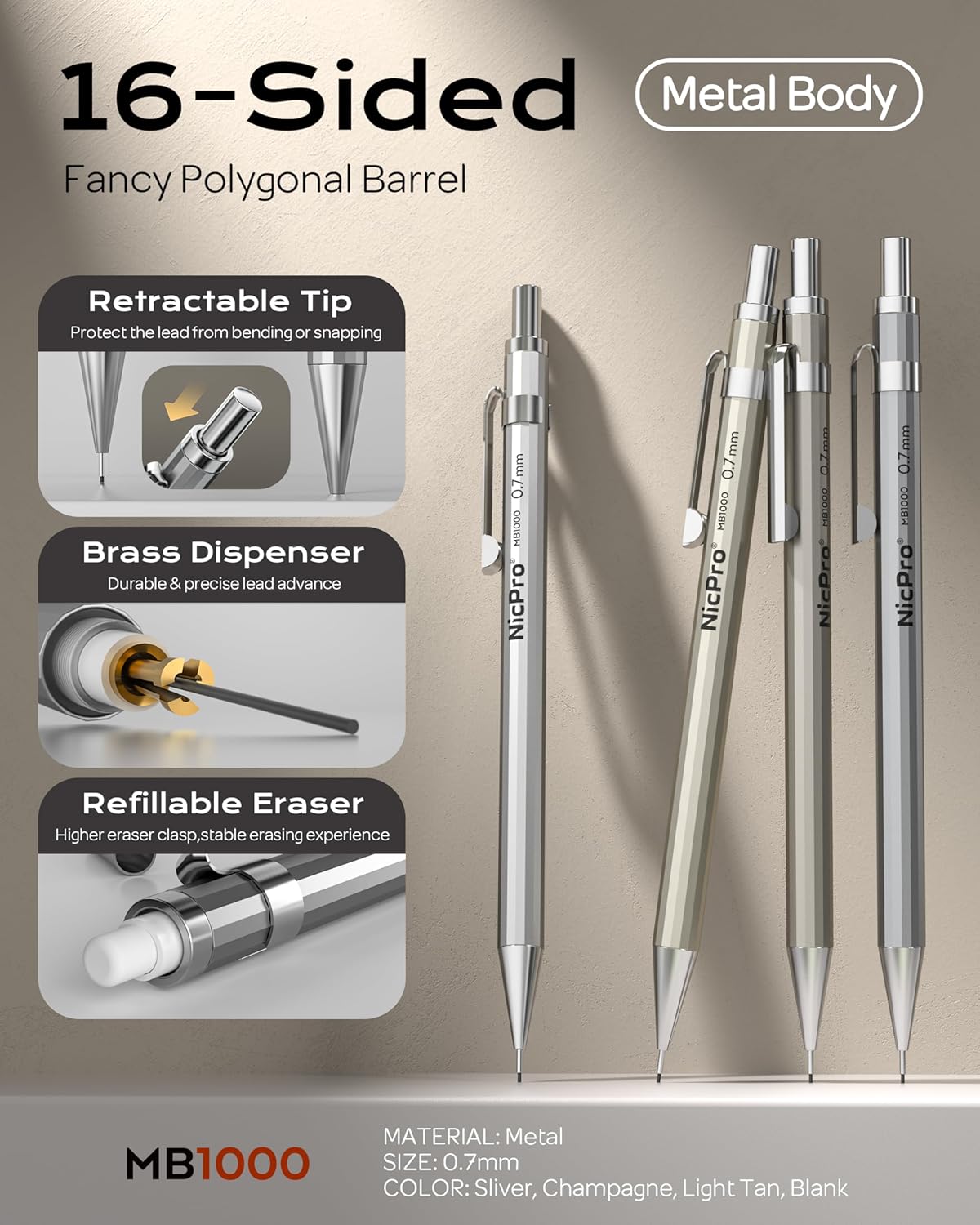 Nicpro 4 Pack Mechanical Pencil 0.7mm, MB1000 Metal Mechanical Pencil Set