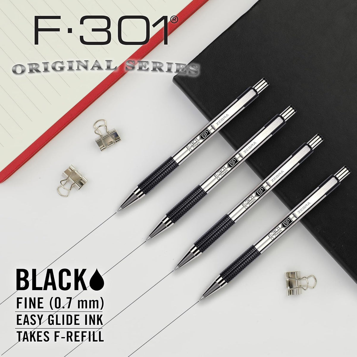Zebra Pen STEEL F-301 Retractable Ballpoint Pen, Black Ink, 0.7mm, 4-Pack