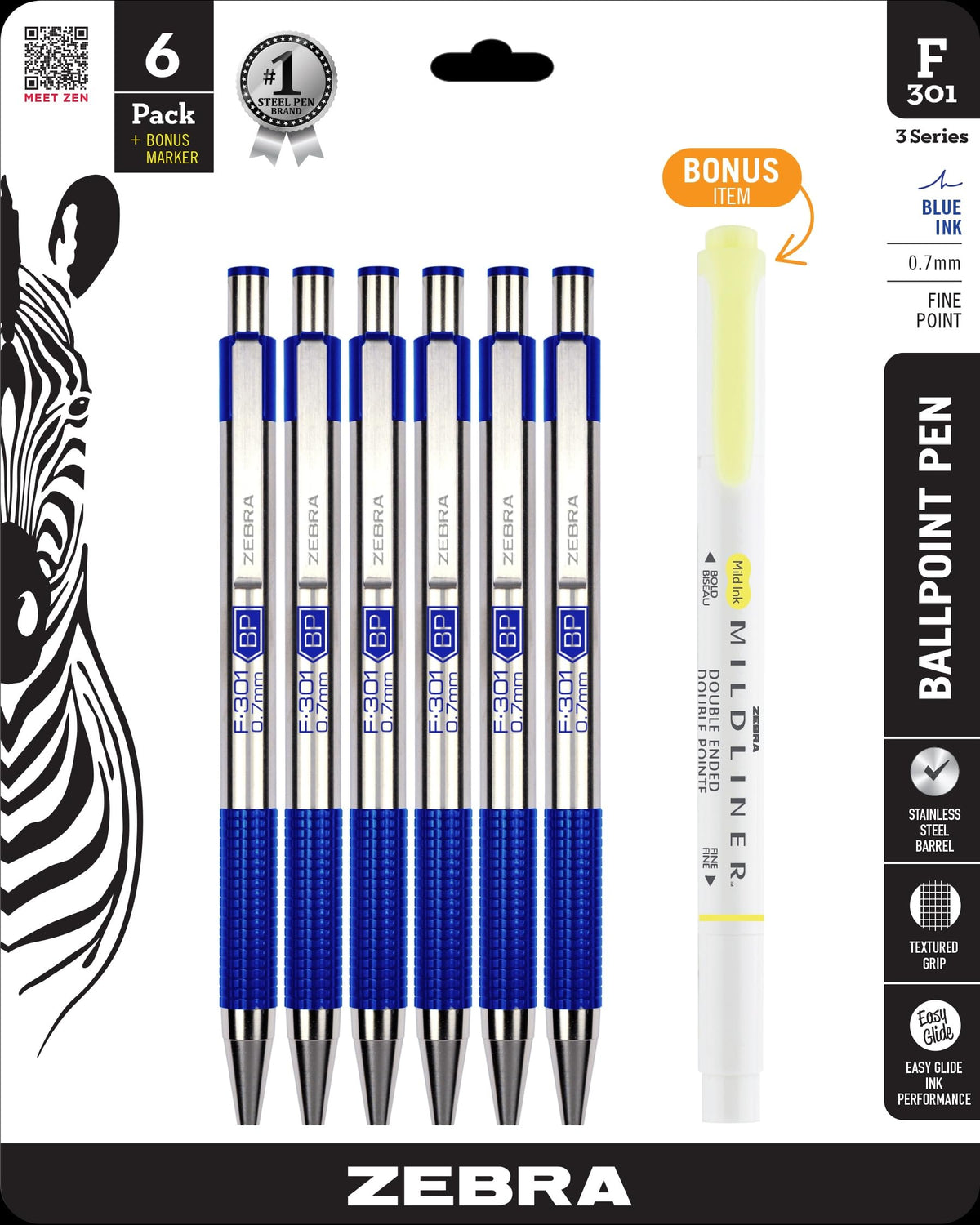 Zebra Pen STEEL F-301 Retractable Ballpoint Pen, Black Ink, 0.7mm, 4-Pack