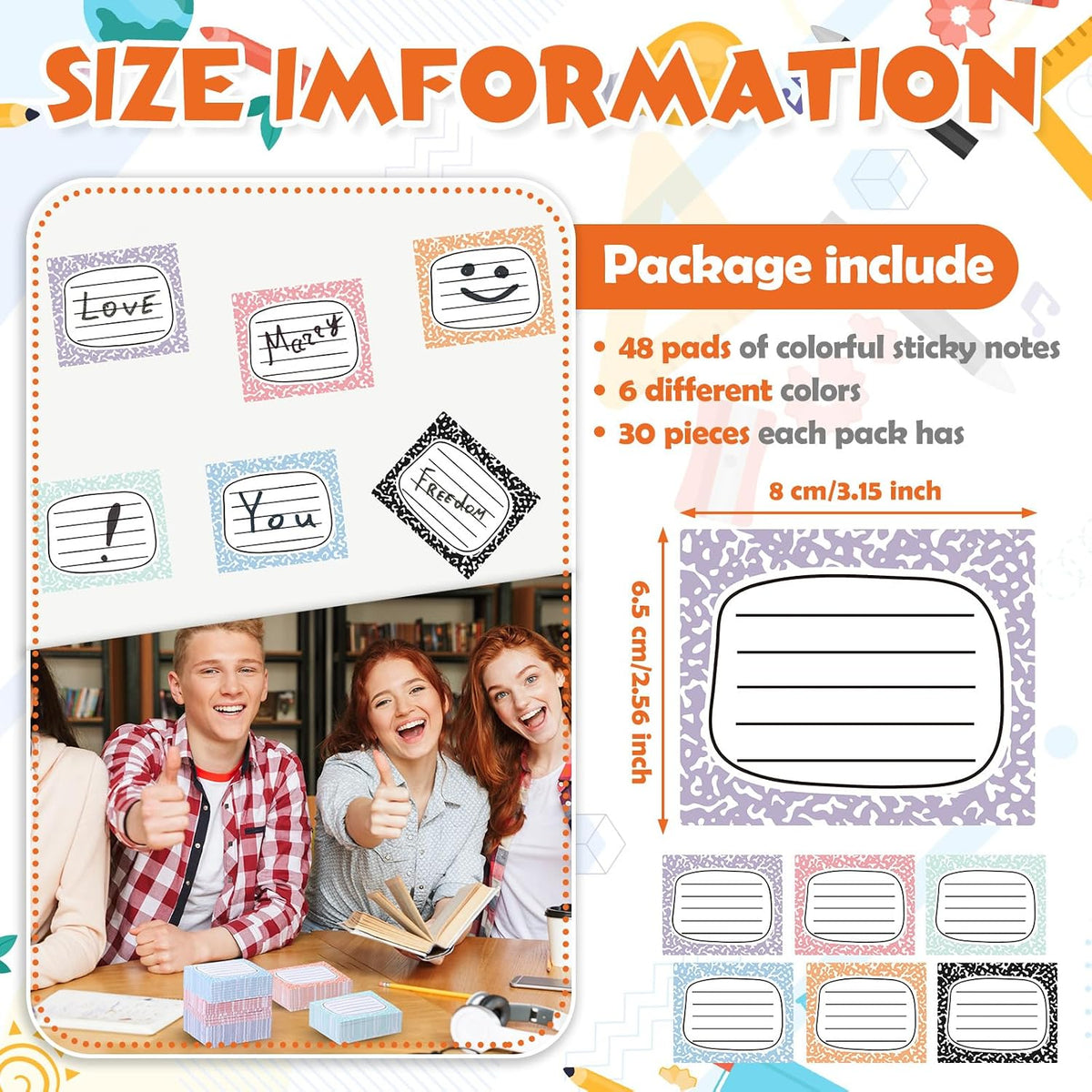 48 Pads 1440 Sheets Composition Notebook Sticky Notes Teacher Note Pads Back to School Supplies Gifts Self Adhesive Memo Pad Cute Gifts for Students Classroom