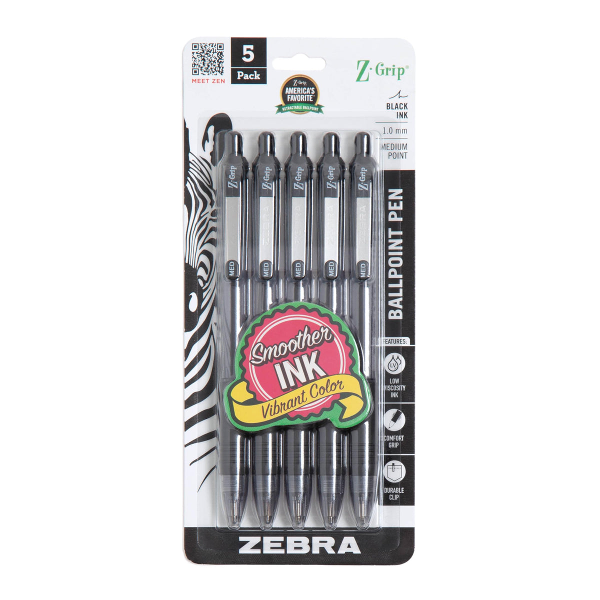 Zebra Pen Z-Grip Retractable Ballpoint Pen, Black Ink, 1.0mm, 10-Pack