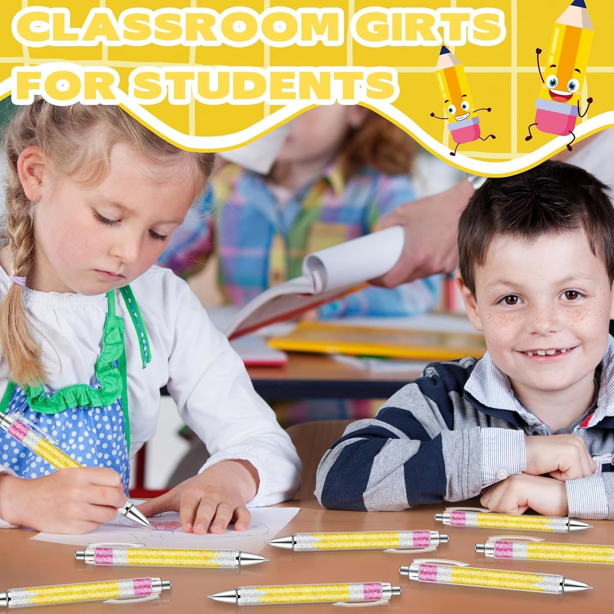 24 Pcs Back to School Glitter Ballpoint Pens Pencil Design Ballpoint Pens for Back to School Teachers and Classmates Stationery Classroom Accessories