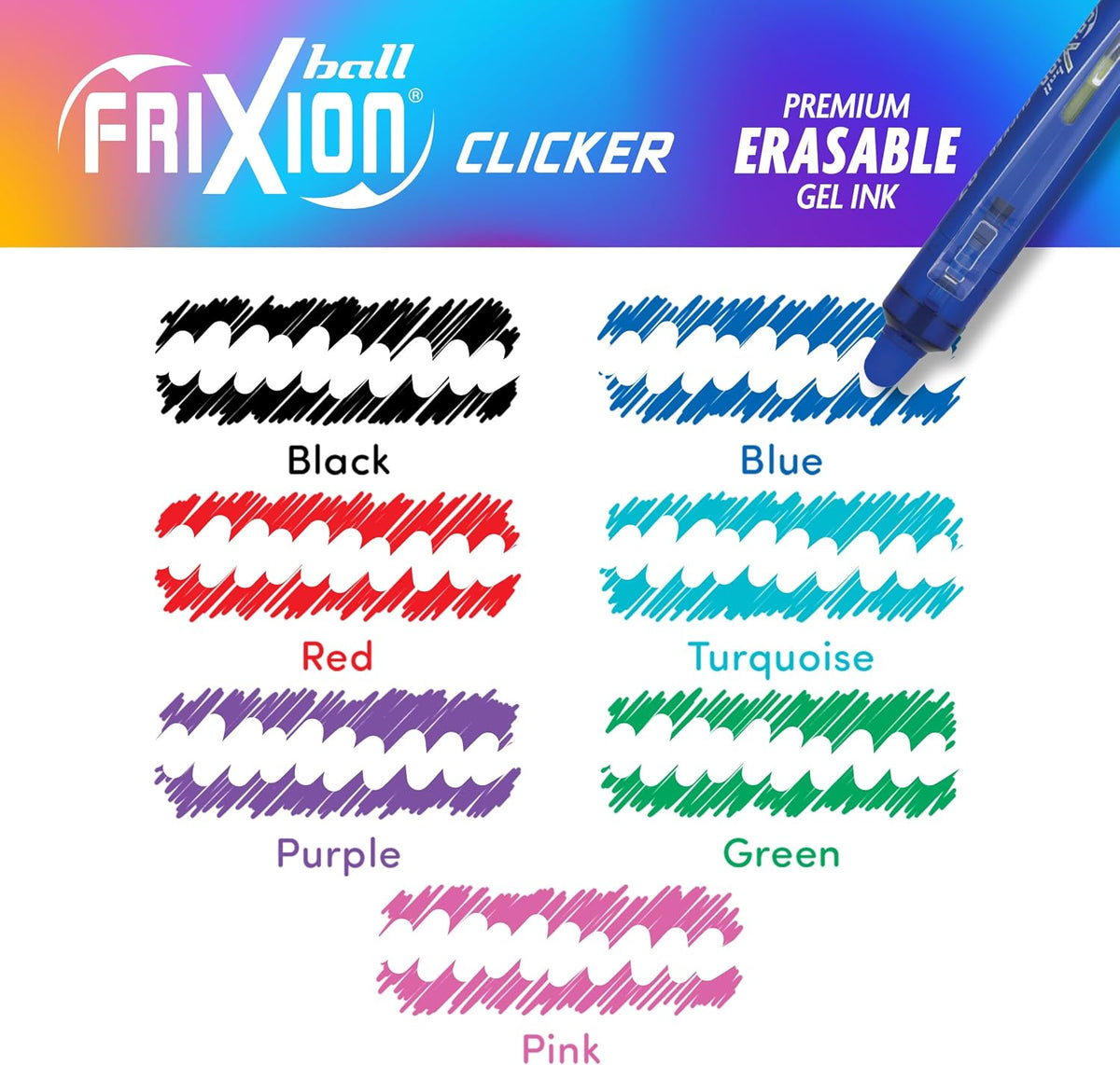 PILOT FriXion Clicker Gel Ink Pens 0.7mm, Assorted Colors, 7-Pack