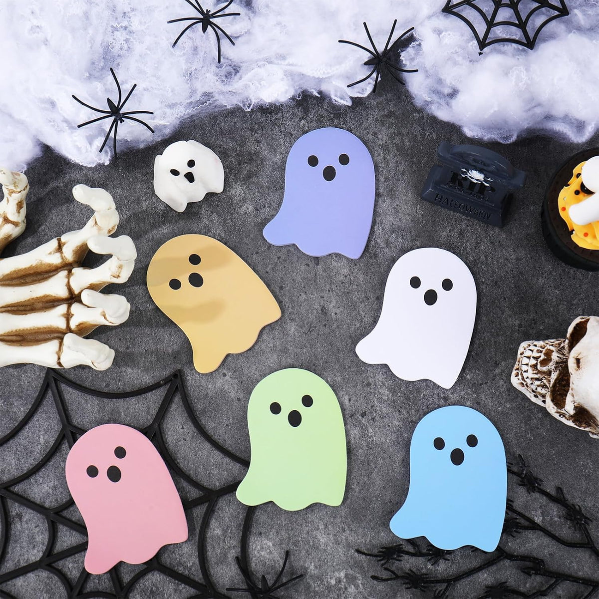JarThenaAMCS 24 Pack Halloween Sticky Notes 6 Pastel Colors Boo Ghost Shaped Sticky Memo Pads for Home Office Classroom Supplies, 480 Sheets