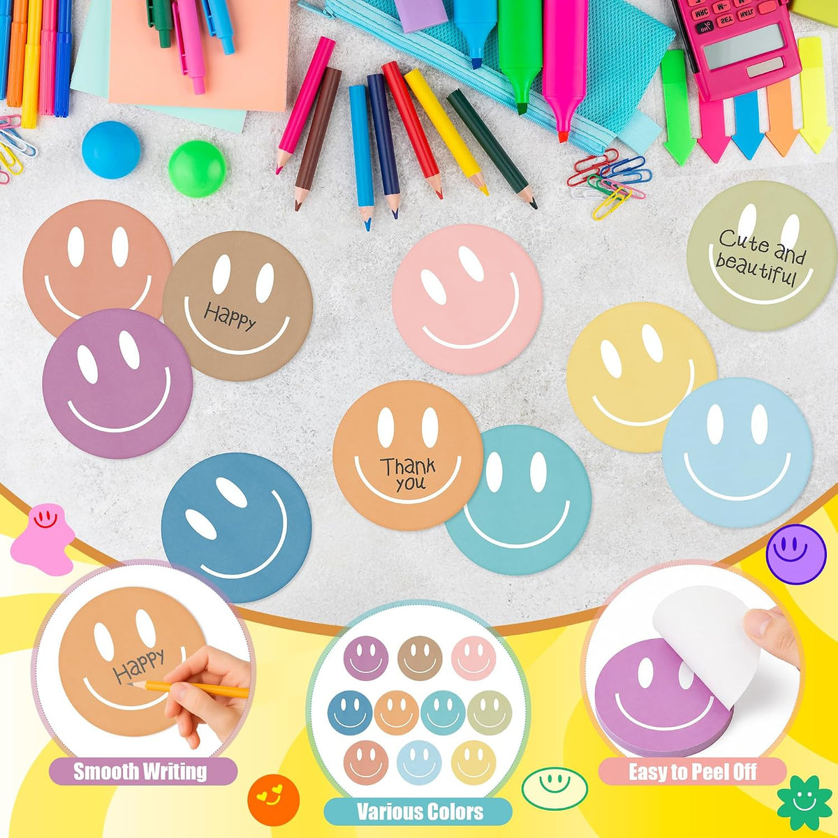 AgincBerry Boho Smile Face Sticky Notes - 30PCS Back to School Colorful Preppy Self-Stick Notes Mini Happy Smile Face Memo Pad Creative Shaped Notepad Writing Sticky Note Office Home Gift Tab Supplies