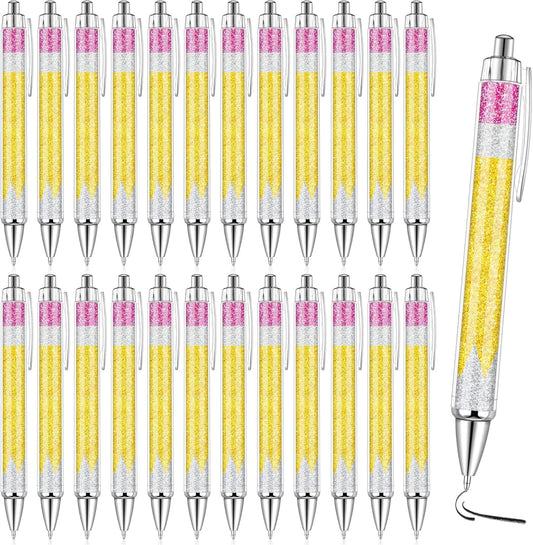 24 Pcs Back to School Glitter Ballpoint Pens Pencil Design Ballpoint Pens for Back to School Teachers and Classmates Stationery Classroom Accessories