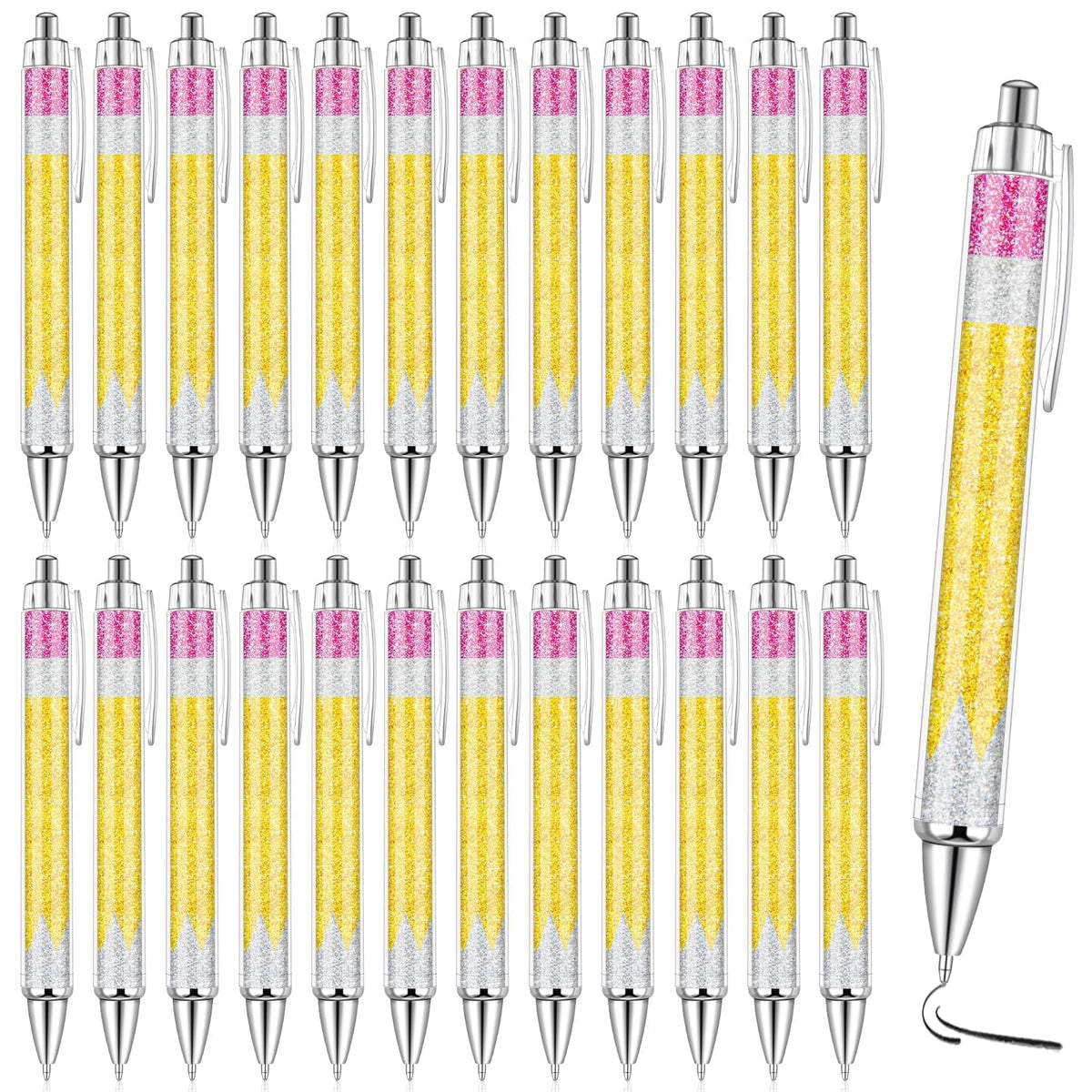 24 Pcs Back to School Glitter Ballpoint Pens Pencil Design Ballpoint Pens for Back to School Teachers and Classmates Stationery Classroom Accessories