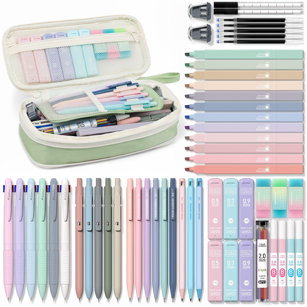 Four Candies 56PCS School Supplies with Pencil Case, Stationery Set, Pink