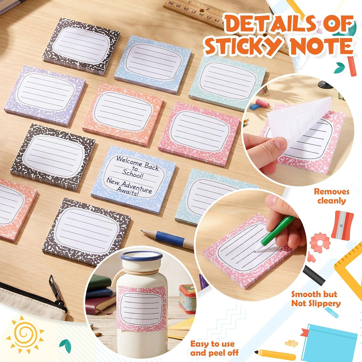 48 Pads 1440 Sheets Composition Notebook Sticky Notes Teacher Note Pads Back to School Supplies Gifts Self Adhesive Memo Pad Cute Gifts for Students Classroom