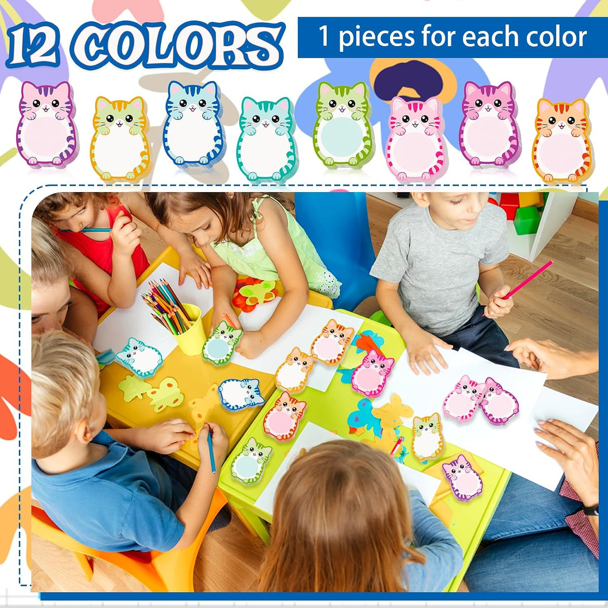 12 Pcs Cat Sticky Notes Cute Cat Shaped Note Pads Colorful Animal Self Sticky Post Notes Cute Cat Memo Sticky Tabs for School Office Home Stationery Supplies Party Favors
