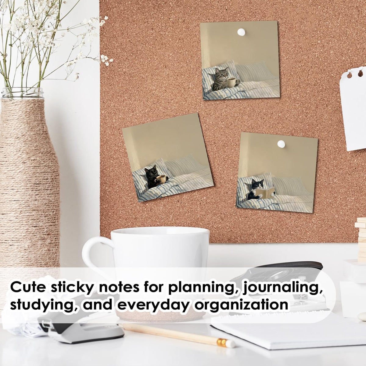 Cat Sticky Notes 3x3, Funny Cute Cat Sticky Notes 4 Pads, Cute Notepads Office Supplies Gifts for Women Men Coworkers Cat Lovers