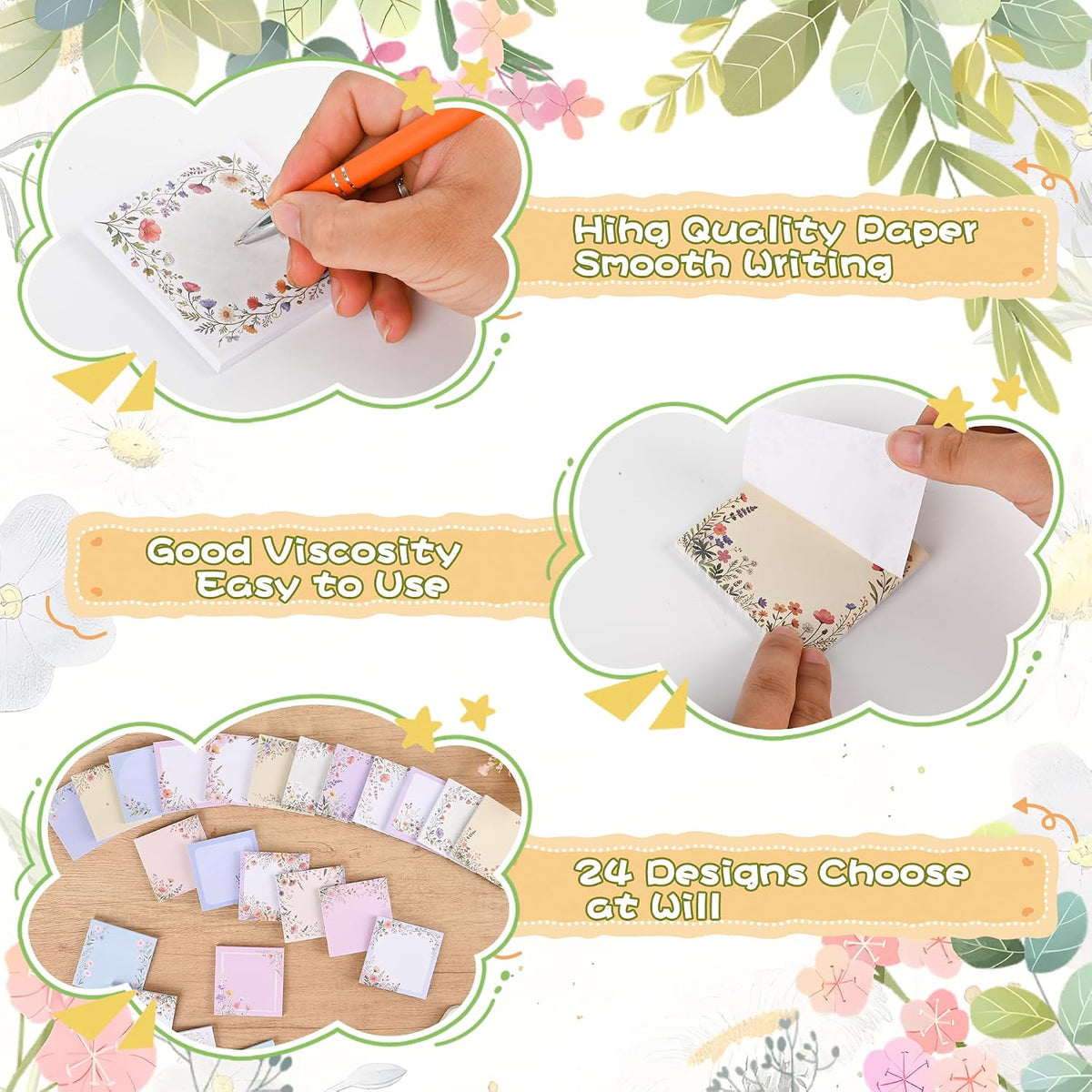 48Pcs Wildflower Notepads 3" x 3" Inches Notes Adorable Memo Pads for Journal, Planners, Office, School, Home, Stationery Gift-2400 Sheets Reusable Flower Sticky Notes.
