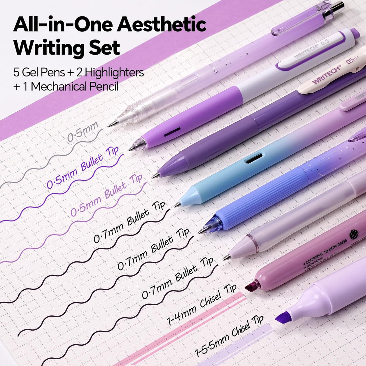 WRITECH Gel Pens Journaling Highlighters: Purple Pastel All-in-One Set 8ct
