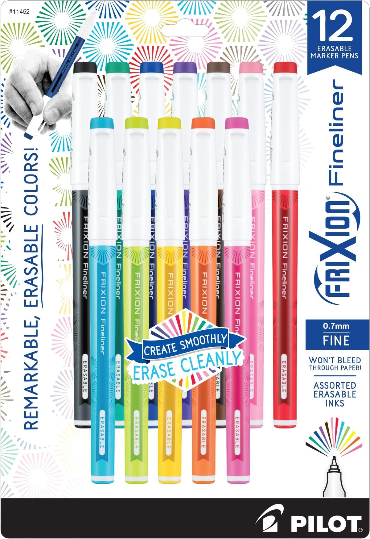 PILOT FriXion Fineliner Erasable Marker Pens, 0.7mm, Assorted, 12-Pack