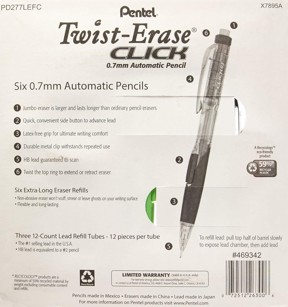 Pentel Twist-Erase Click Mechanical Pencils 0.7mm, HB #2, School Supplies, Teacher Supplies, Drawing Sketching pencils, Assorted Barrel Colors- 6 Mechanical Pencils, 6 Erasers, 3 Tubes of Lead Refills