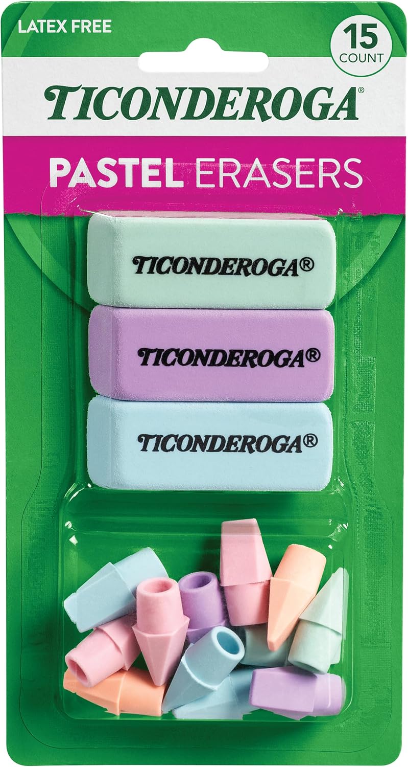 Ticonderoga Assorted Erasers, Pastel Colors, 15 Count