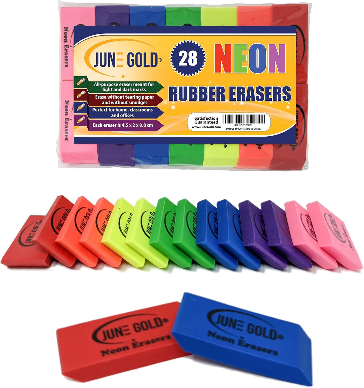 June Gold 28 Neon Colored Rubber Erasers
