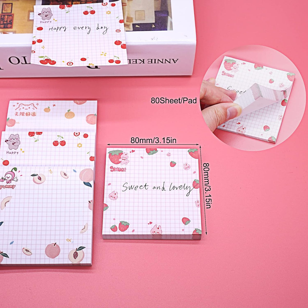 Cute Kawaii Sticky Notes 3.1x3.1in 4Pads 80Sheets/Pad